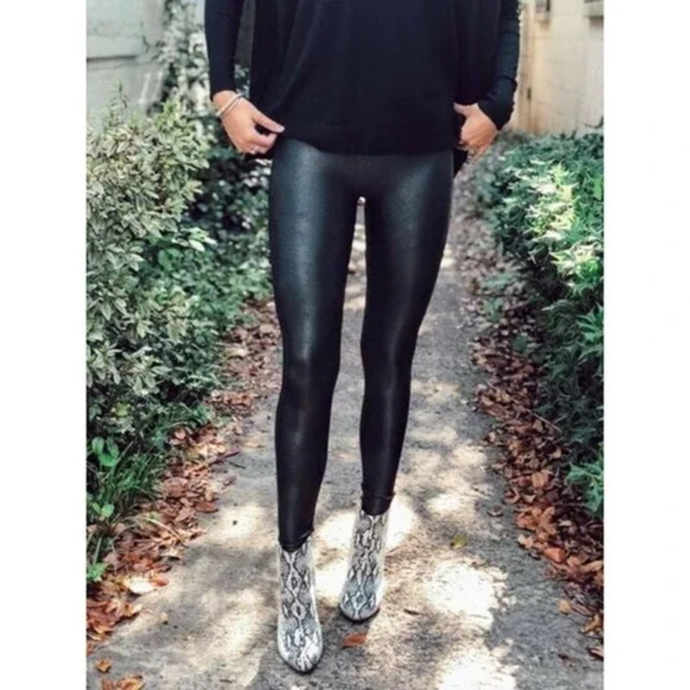 Spanx Faux Leather Leggings Large Black Skinny High Rise Shapewear
